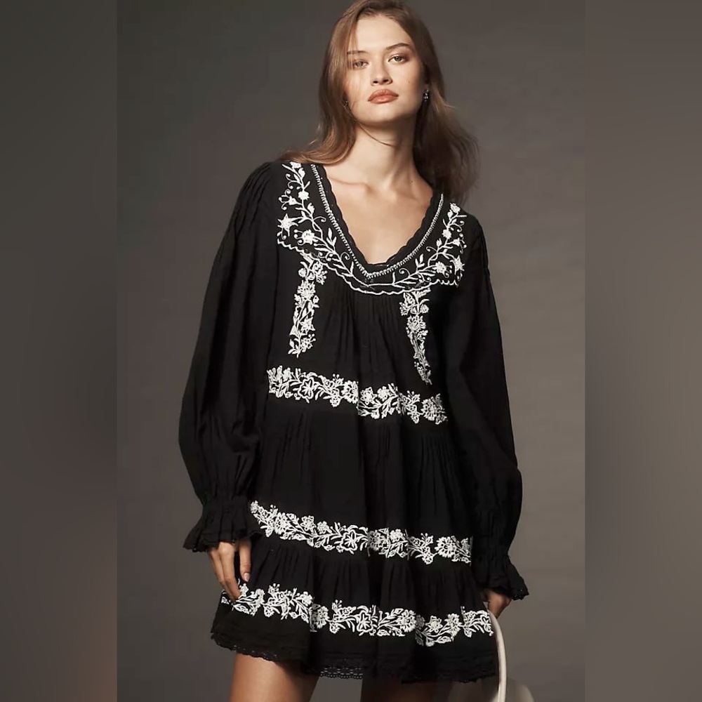 Anthropologie Embroidered Pintuck Swing Mini Dress Petite Black and White